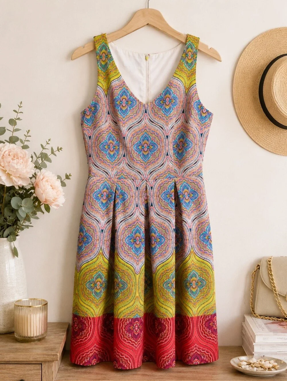 London Times Sleeveless Fit & Flare Dress Size 6 Colorful Medallion Print